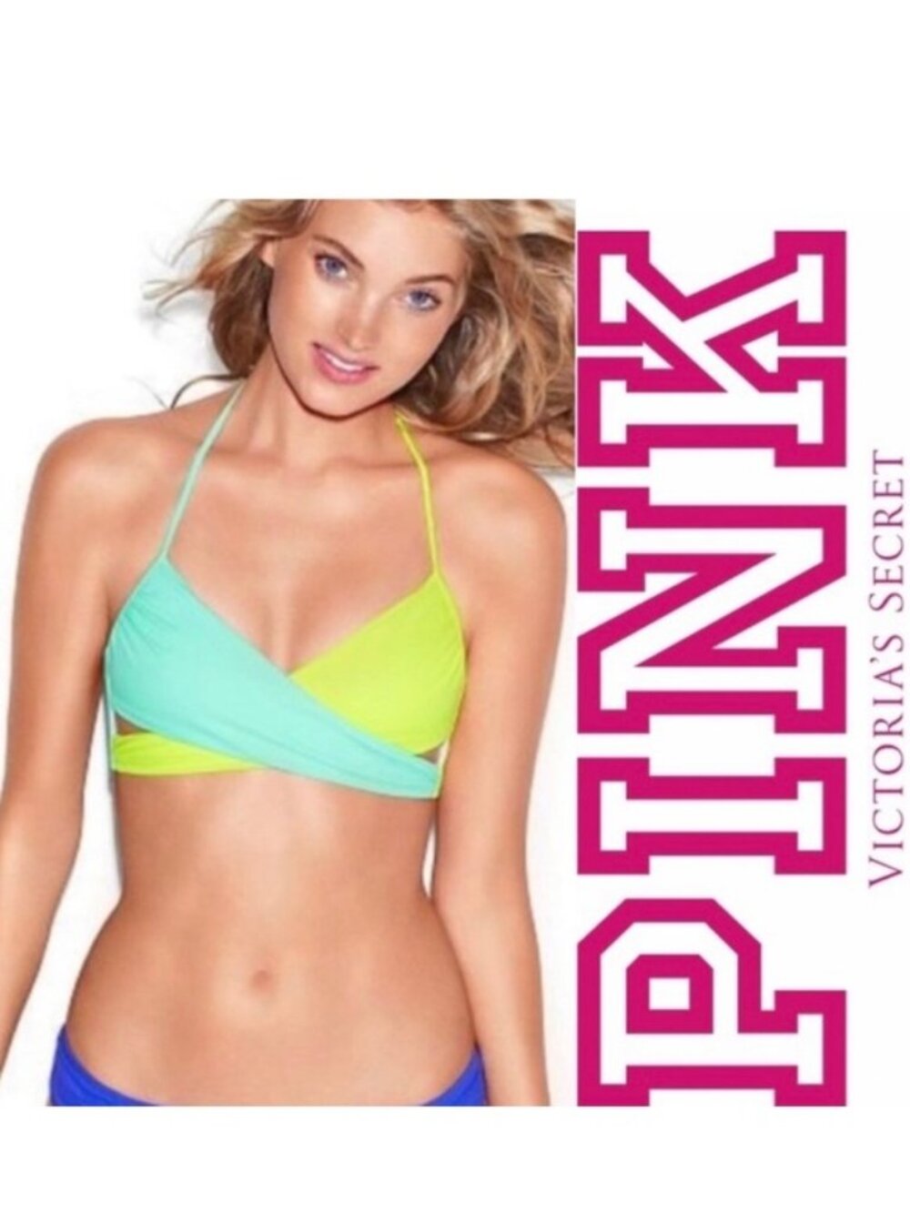 Victoria's Secret PINK | Yellow & Teal Colorblock Wrap Bikini Top | Size Small